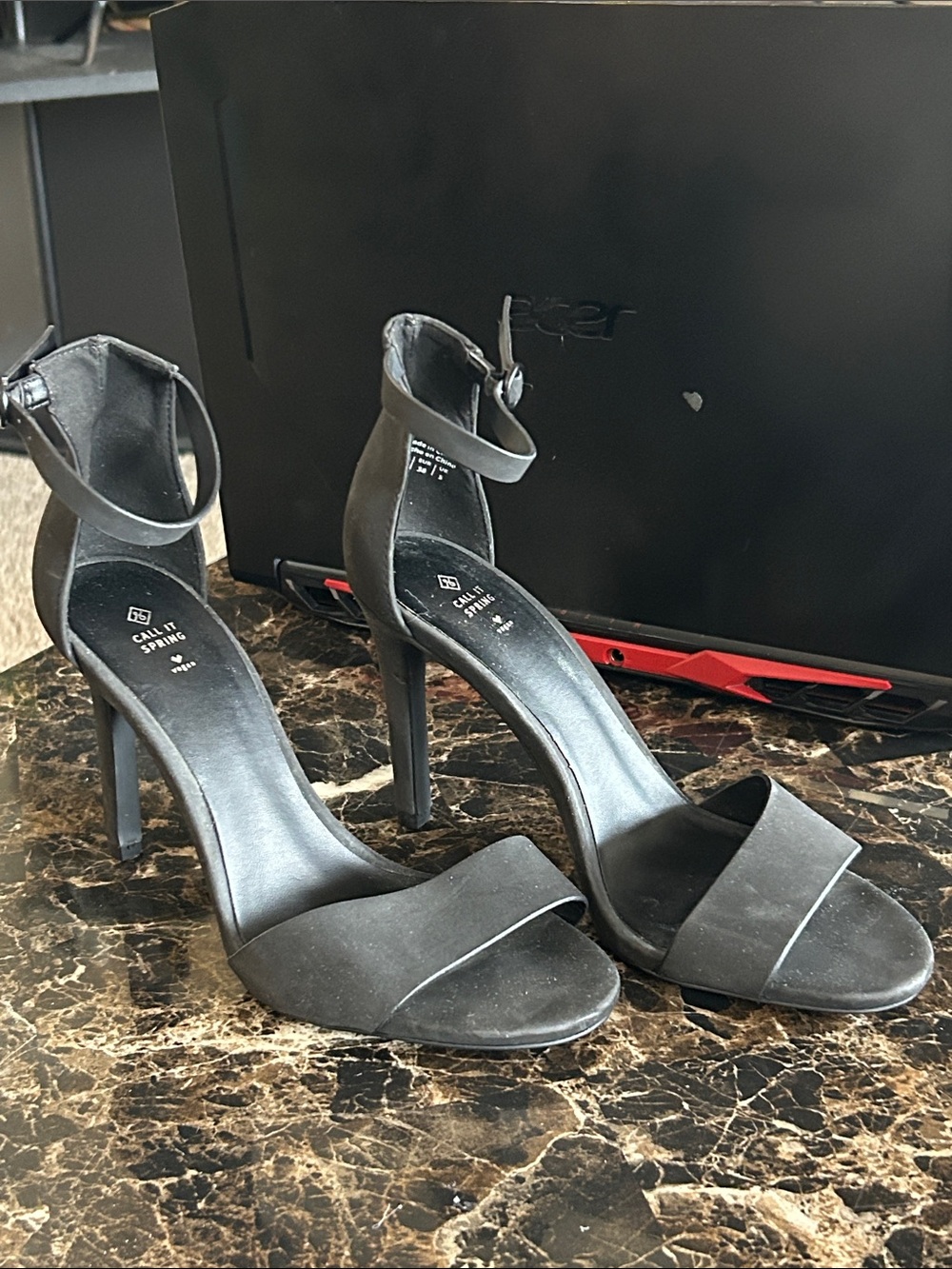 Call It Spring Black Vegan Ankle-Strap Stiletto Heels